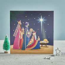 Load image into Gallery viewer, A Christmas card showing three kings giving gifts to the baby Jesus