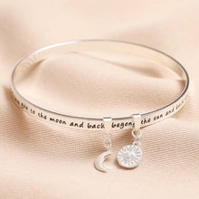 Load image into Gallery viewer, Moon &amp; Back Meaningful Word Bangle With Moon &amp; Star Charms