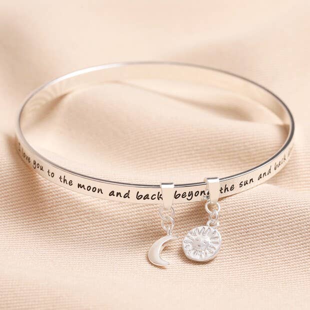 Moon & Back Meaningful Word Bangle With Moon & Star Charms