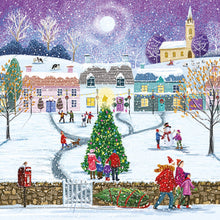 Load image into Gallery viewer, A Christmas card showing a tree in a village with people all around wrapped up in the snow