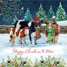 Load image into Gallery viewer, A Christmas card showing three cows wearing wooly hats in the snow