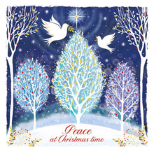 Load image into Gallery viewer, Two doves in a snowy forest at night and text reading Peace at christmas time