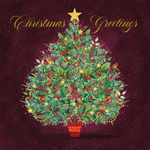 Christmas tree against a dark red background with Christmas Greetings written across the top