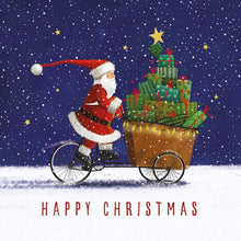 Load image into Gallery viewer, A Christmas card showing santa on a bike with a cart full of presents