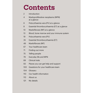 Myeloproliferative neoplasms (MPN) booklet contents from Blood Cancer UK
