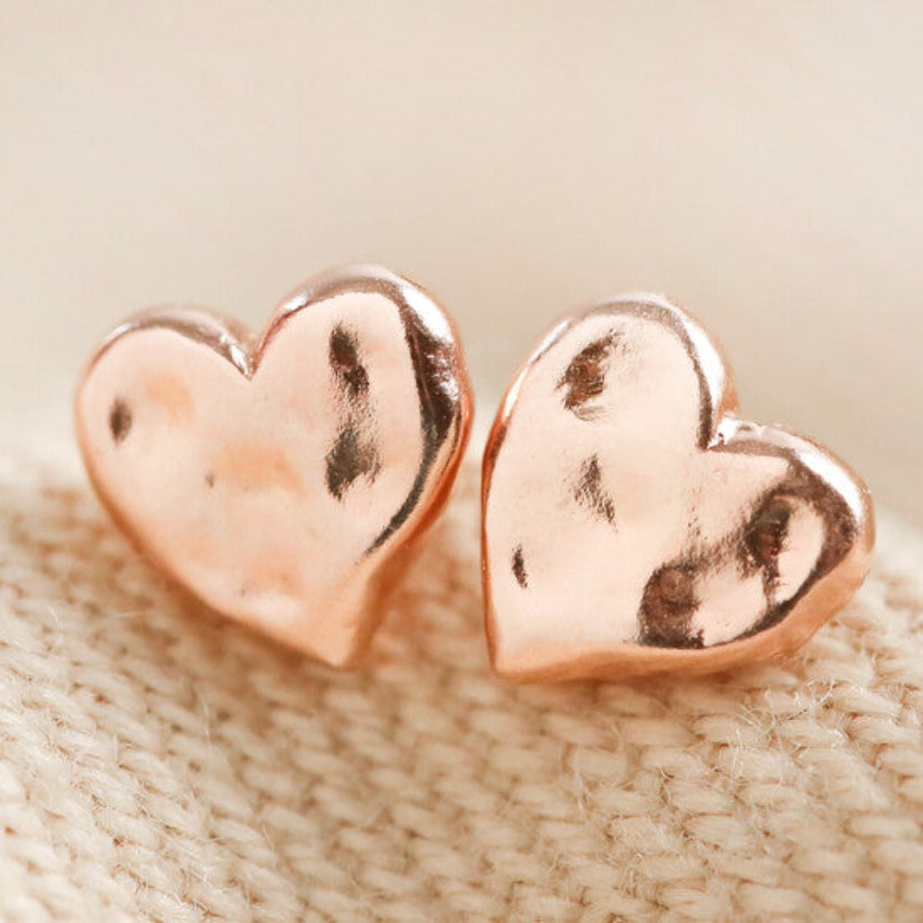 Hammered Heart Stud Earrings in Rose Gold