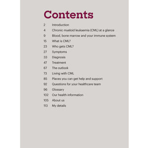 Chronic myeloid leukaemia (CML) booklet contents from Blood Cancer UK